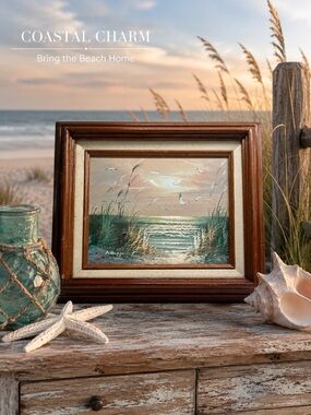 Vintage Coastal Seaside Sunset Oil Painting Signed by Artist B. Duggan